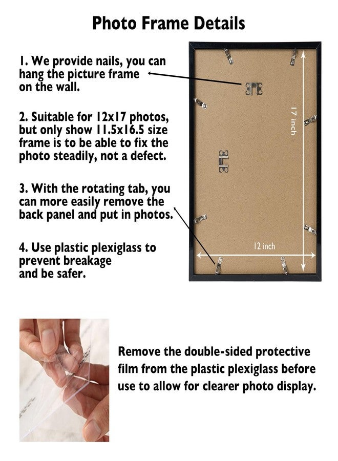 JCJMY 12x17 Black Picture Frame Set of 2, Horizontal and Vertical Formats for Wall Hanging, 12 x 17 Wall Gallery Poster Photo Frames with Shatter Resistant Plexiglass, 2 Pack, Black - Image 4